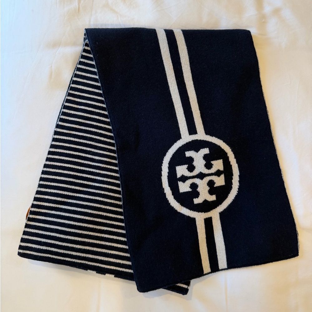 Tory Burch Striped Wool Scarf in Navy and Cream - Picture 1 of 3